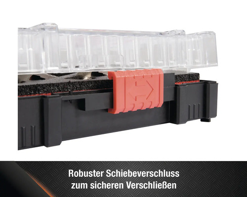 Detailansicht eines Werkzeugkoffers mit robustem Schiebeverschluss