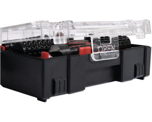 Werkzeugsatz mit schwarzem Gehäuse und durchsichtigem Deckel