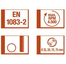 EN 1083-2 Norm, maximale Drehzahl 4500 Umdrehungen pro Minute, Durchmesser 25, 28, 75, 75 Millimeter