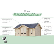 Blockbohlenhaus mit Satteldach und Doppeltür