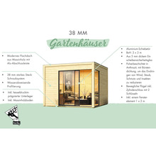 Gartenhaus mit Flachdach, Aluminiumschiebetür, Ein-Scheiben-Sicherheitsglas und Massivholzboden