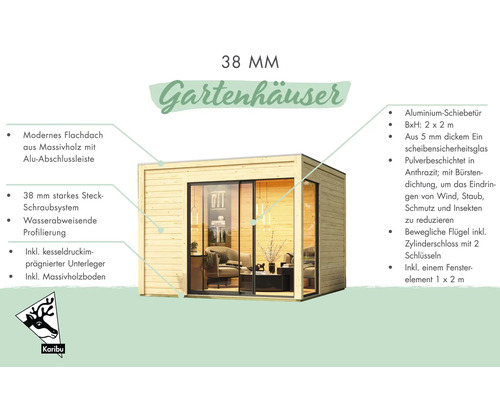 Gartenhaus mit Flachdach, Aluminiumschiebetür, Ein-Scheiben-Sicherheitsglas und Massivholzboden