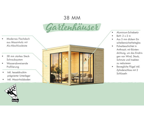 Gartenhaus aus Holz mit Flachdach und Schiebetür