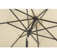 Detailansicht von unten eines Sonnenschirms mit Metallgestell und Stoffbespannung