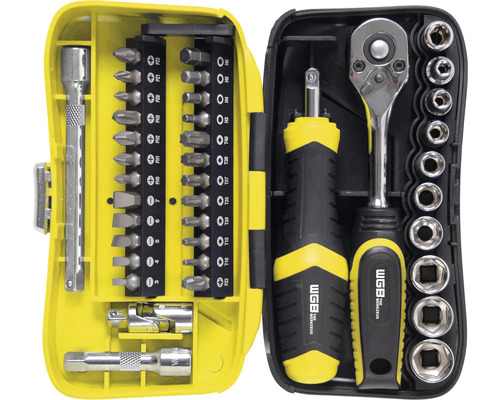 Werkzeugsatz mit Ratschenschlüssel, Schraubendreher und Bits im gelben Koffer