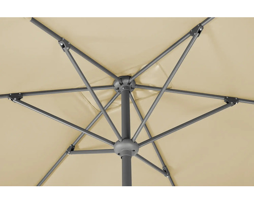 Unterseite eines Sonnenschirms mit Metallgestell und Stoffbespannung