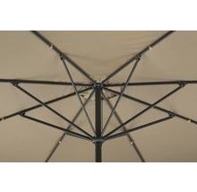 Detailansicht von der Unterseite eines Sonnenschirms mit Metallgestell und Stoffbespannung