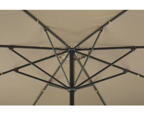 Detailansicht von der Unterseite eines Sonnenschirms mit Metallgestell und Stoffbespannung