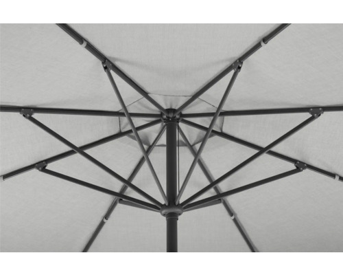 Unteransicht eines Sonnenschirms mit Metallgestell und Stoffbespannung