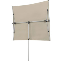 Rückansicht eines Sonnenschirms mit rechteckigem Schirm und Metallgestell