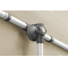 Detailansicht eines Sonnenschirms mit Drehknopf und Schneider Schirme Logo