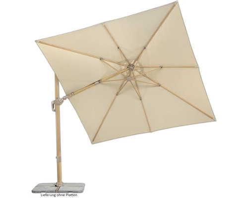 Quadratischer Gartenschirm mit Holzgestell und Betonsockel