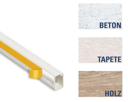 Kunststoff-Kabelschutzkanal mit Klebeband und Beispielen für Untergründe: Beton, Tapete und Holz