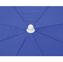 Detailaufnahme einer blauen Sonnenschirm-Bespannung mit weißer Spitze