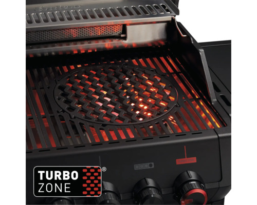 Innenansicht eines Gasgrills mit Grillrost und Turbo Zone Logo