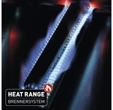 Nahaufnahme eines Grills mit brennenden Gasbrennern und dem Heat Range Brennersystem Logo.