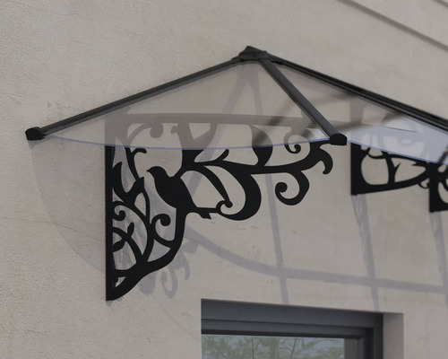 Vordach mit transparenter Abdeckung und dekorativen schwarzen Wandhalterungen mit Vogel- und Blattmotiven.