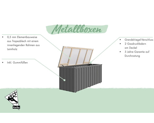 Metallbox mit einem 0,5 mm Element aus Trapezblech und einem Rahmen aus verleimtem Holz, inklusive Gummifüßen.