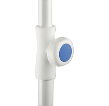 Detailansicht eines weißen Duschstangen-Elements mit blauem Knopf