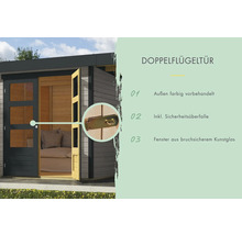 Doppelflügeltür eines Gartenhauses mit Sicherheitsüberfalle und Fenstern aus bruchsicherem Kunstglas