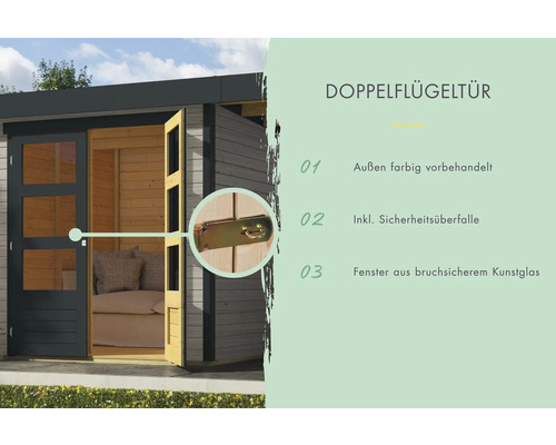 Doppelflügeltür eines Gartenhauses mit Sicherheitsüberfalle und Fenstern aus bruchsicherem Kunstglas