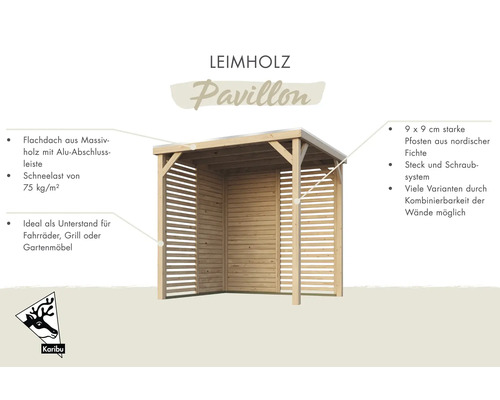 Leimholz Pavillon mit Flachdach und Seitenwänden aus Holzlatten