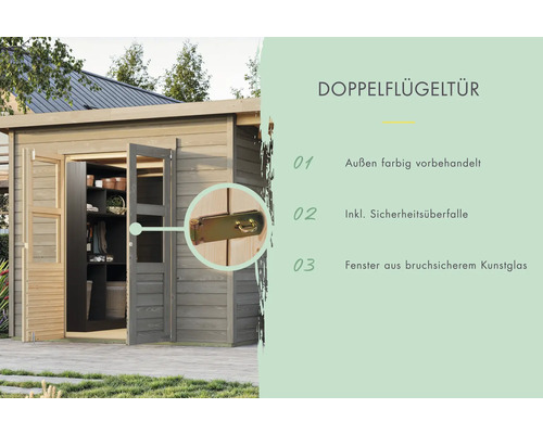 Doppelflügeltür Details: farbige Vorbehandlung, Sicherheitsüberfalle, Fenster aus bruchsicherem Kunstglas