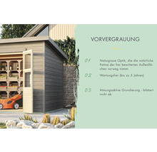 Gartenschuppen aus Holz mit Regalen, Rasenmäher und dem Text Vorvergrauung
