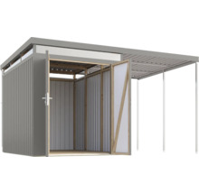 Geräteschuppen mit geöffneten Türen für den Gartenbereich