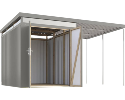 Geräteschuppen mit geöffneten Türen für den Gartenbereich