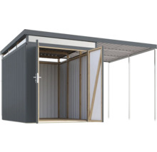 Geräteschuppen mit Carport aus Metall mit geöffneten Türen