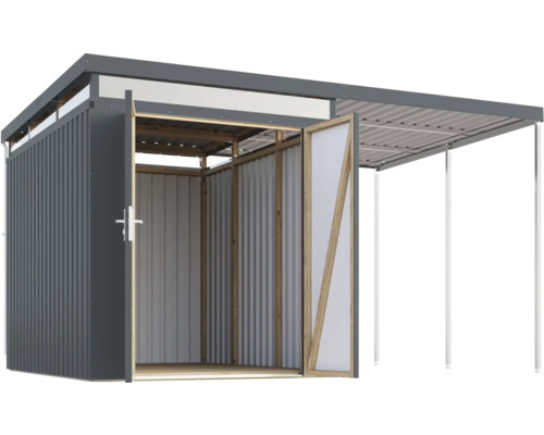 Geräteschuppen mit Carport aus Metall mit geöffneten Türen