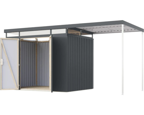 Geräteschuppen mit Anbau und offener Tür