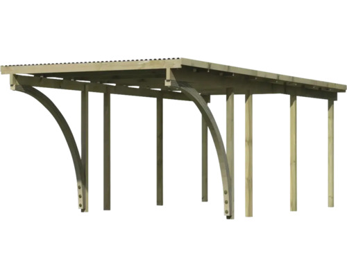 Holzcarport mit geradem Dach und mehreren Stützpfosten