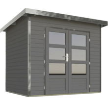 Graues Gartenhaus mit Doppeltür und Fenstern