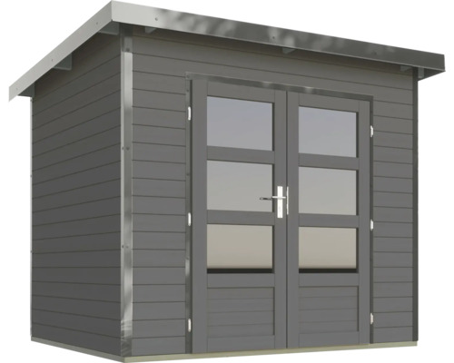 Graues Gartenhaus mit Doppeltür und Fenstern