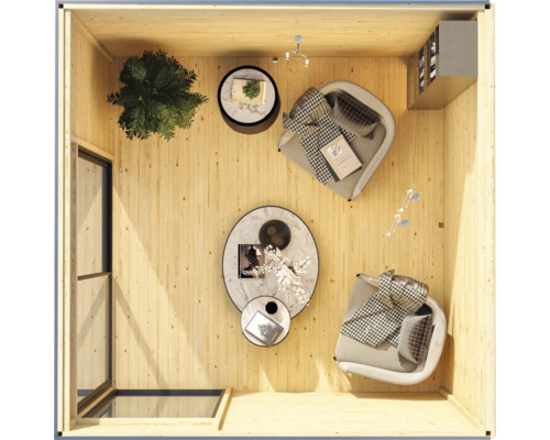 Innenraumansicht eines Holzgartenhauses mit Möbeln, Beleuchtung und Dekoration