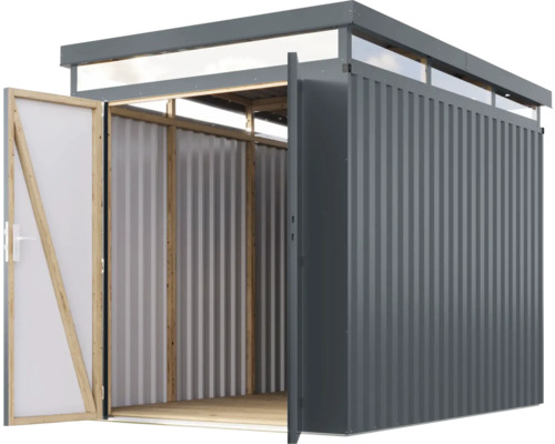 Gartenschuppen mit geöffneten Türen