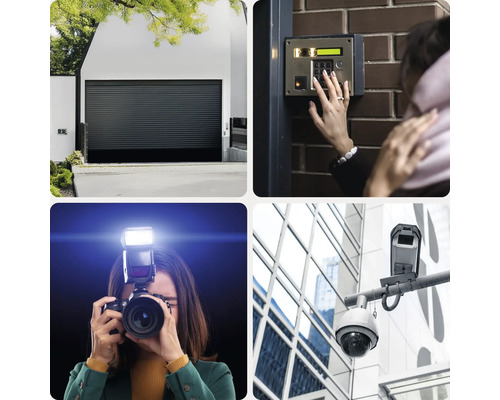 Collage mit Bildern zu Sicherheitssystemen: Garagentor, Tastaturfeld, Kamera und Überwachungskamera.