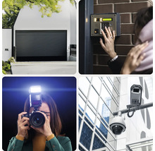 Collage mit Sicherheitsausstattung: Rolltor, Gegensprechanlage, Kamera und Überwachungskamera.