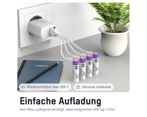 Ansmann USB-C Ladegerät mit vier AAA Akkus und Ladekabel