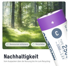 Ansmann C Batterie mit dem Hinweis auf Ressourcenschonung und Recyclingfähigkeit