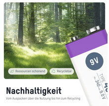 Neun-Volt-Batterie mit dem Hinweis Ressourcenschonung und Recyclebar vor einem Wald