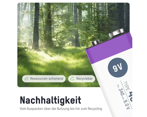 Neun-Volt-Batterie mit dem Hinweis Ressourcenschonung und Recyclebar vor einem Wald