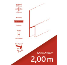 Materialstärke weniger als 1,6 Millimeter. Genauigkeit 1 Millimeter pro Meter. Profil 120 x 29 Millimeter. Schlagfest. Länge 2,00 Meter.