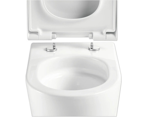 Weiße Toilette mit offenem Toilettendeckel