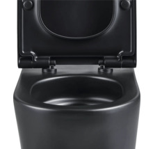 Schwarze Hänge-Toilette mit offenem Toilettendeckel.