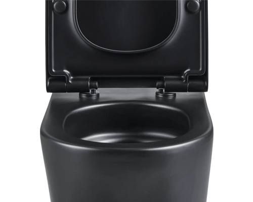 Schwarze Hänge-Toilette mit offenem Toilettendeckel.