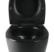 Schwarze Wandtoilette mit offenem Deckel