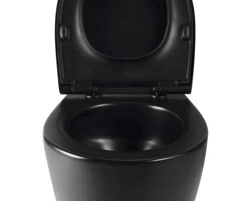 Schwarze Wandtoilette mit offenem Deckel